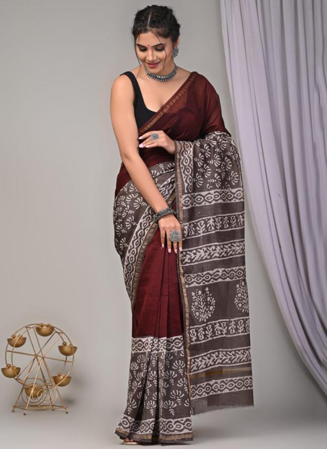 Chanderi Silk Maroon Festival Wear Printed Saree